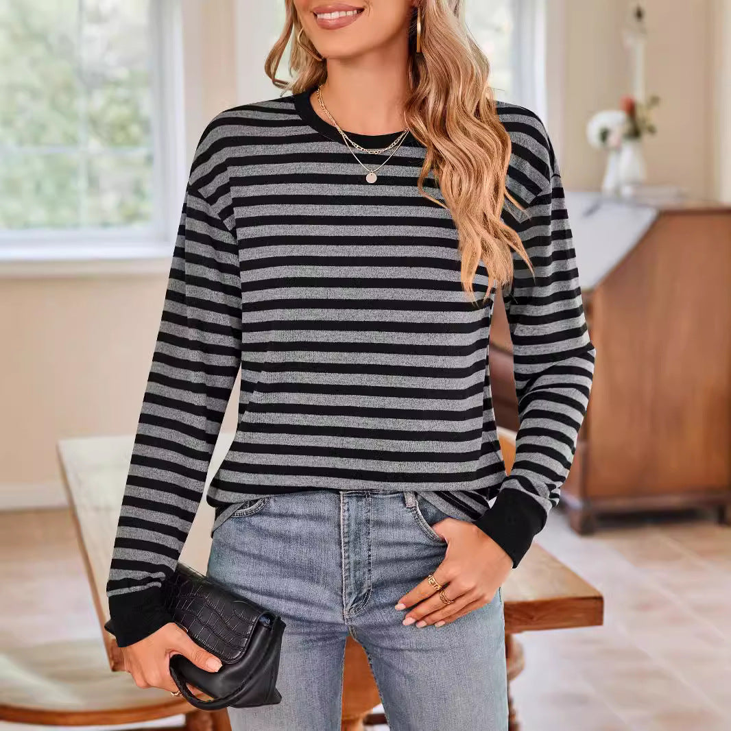 Women's comfortable long-sleeved shirt with striped design and round neckline, size