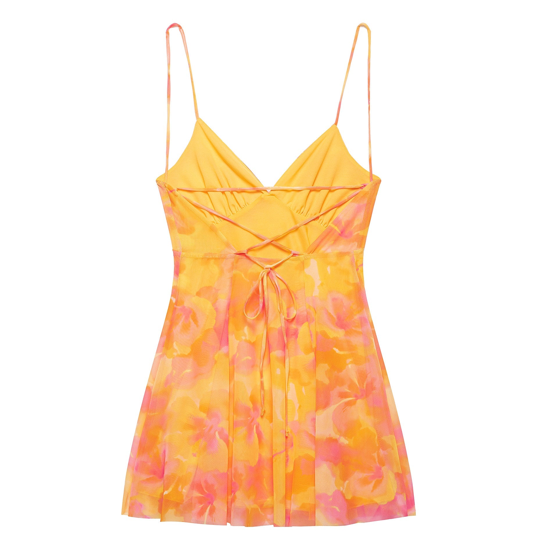 Women's mini dress with floral pattern and delicate spaghetti straps, size