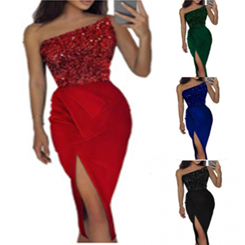 Women's evening dress with asymmetrical design and sparkling sequins, size