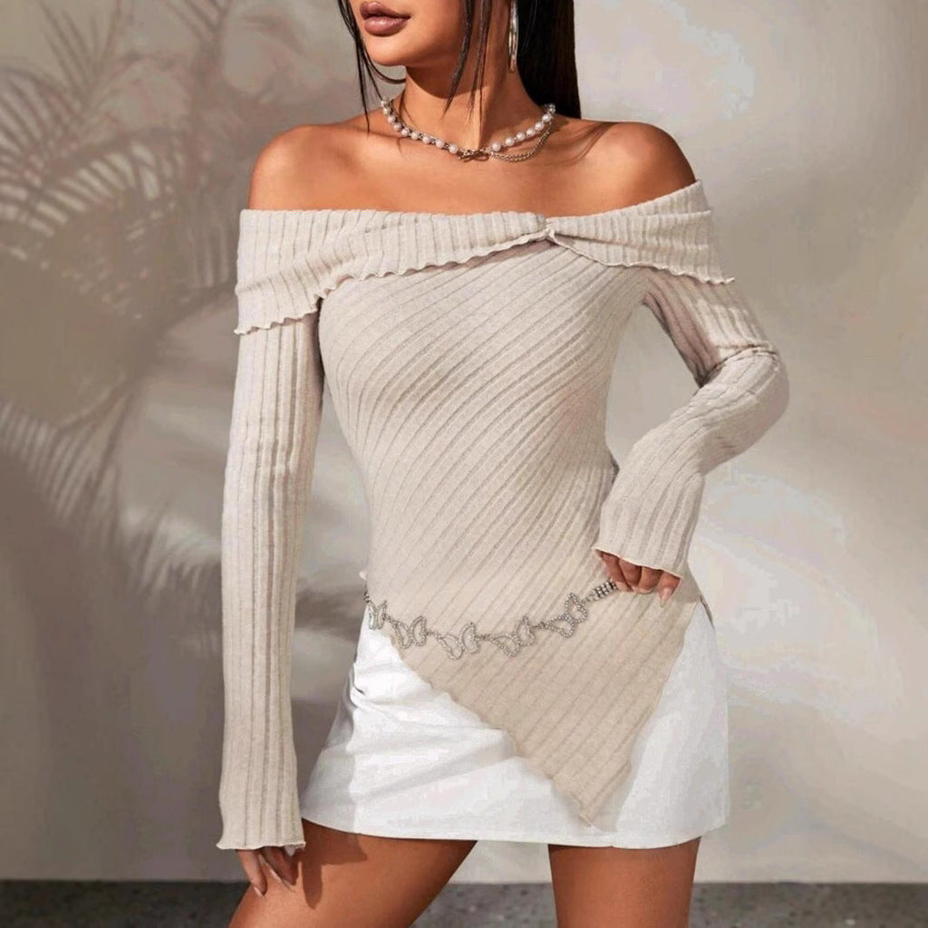 Women's off-the-shoulder ribbed knit top with asymmetrical hem and decorative details, size GR