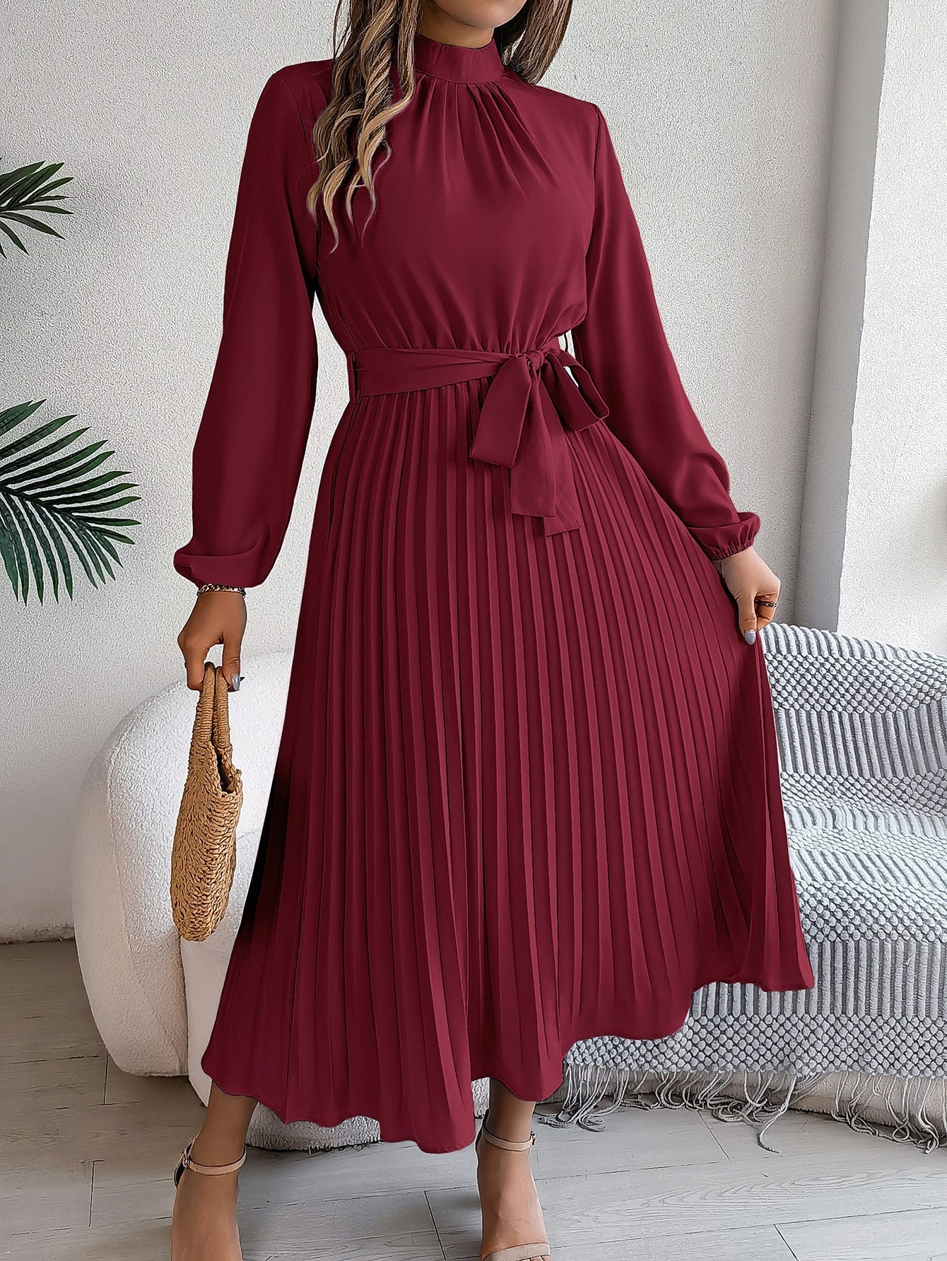 GR | Elegante Stehkragen Taillierter Plissierter Langer Rock kleines Kleid