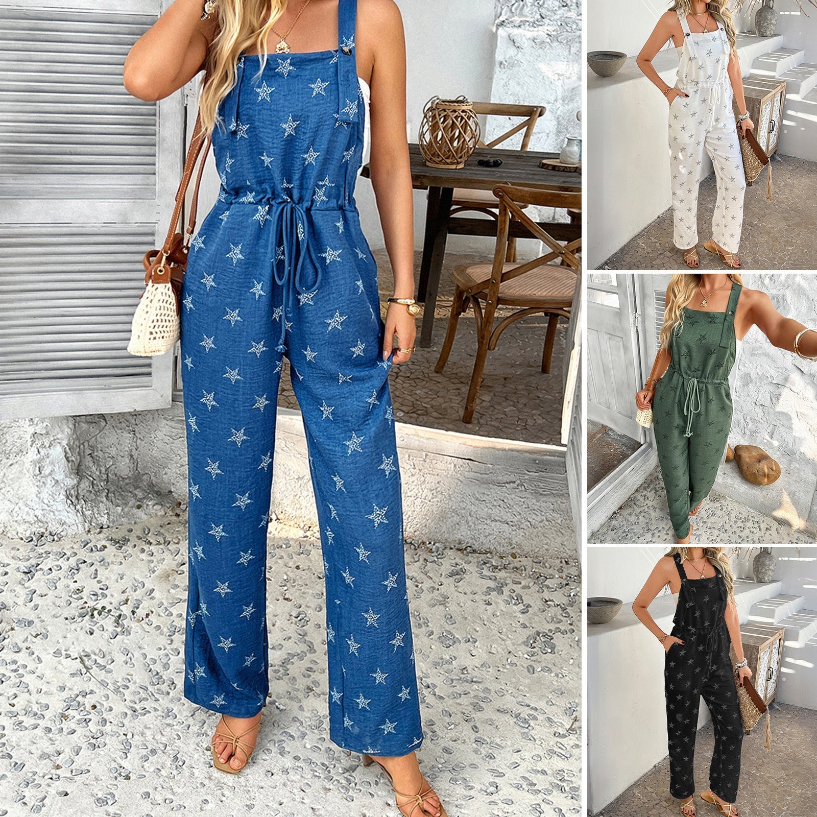 Women's Casual Jumpsuit with Adjustable Straps and Elastic Waistband, Size