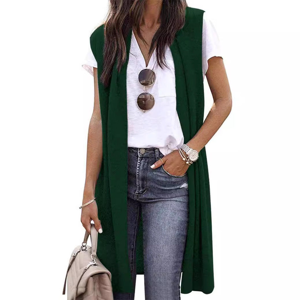 Women's open cardigan with a relaxed fit and long side panels, size