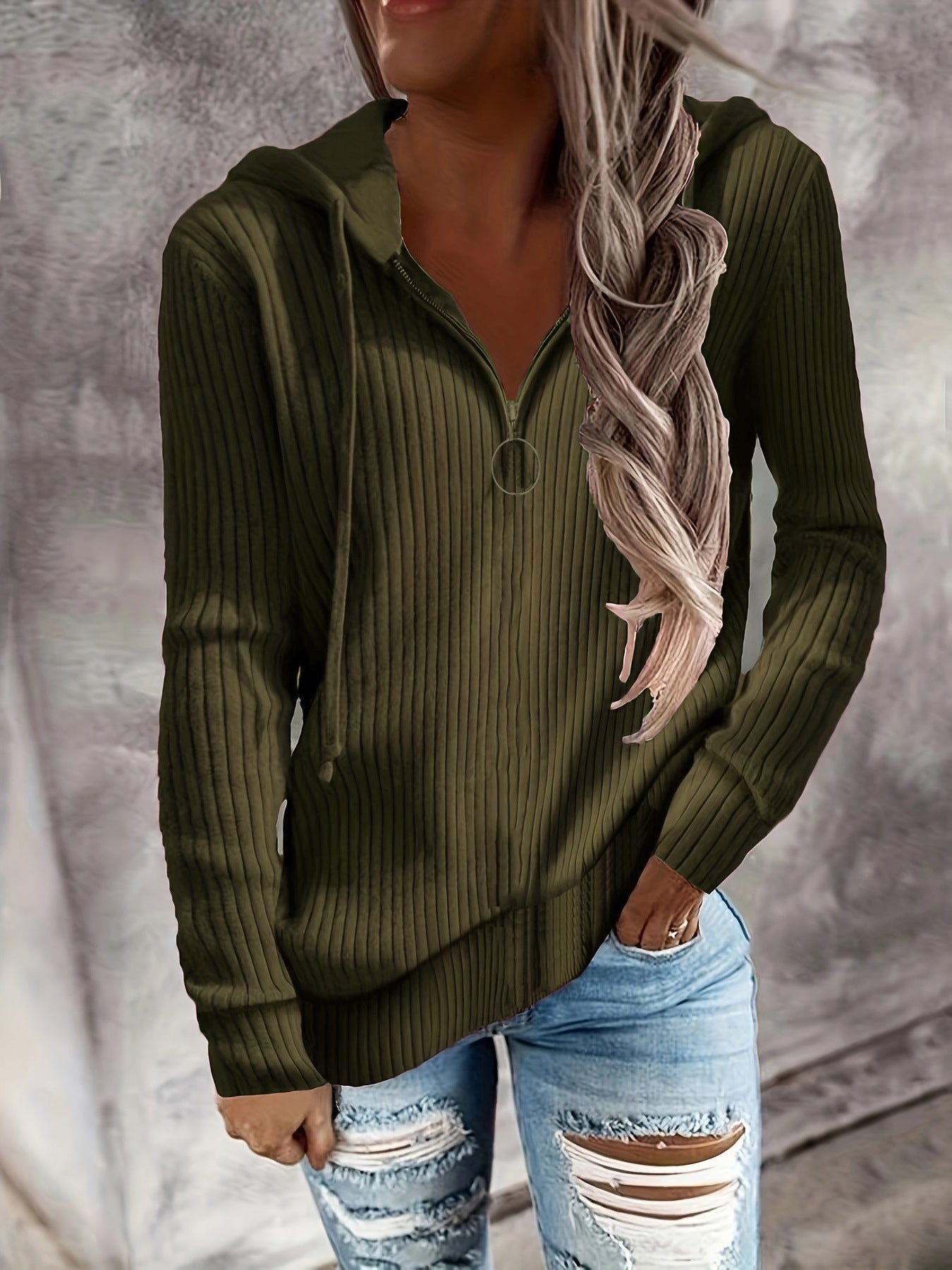 Damen Hoodie mit Reißverschluss und lässigem Rippenstrickdesign GR