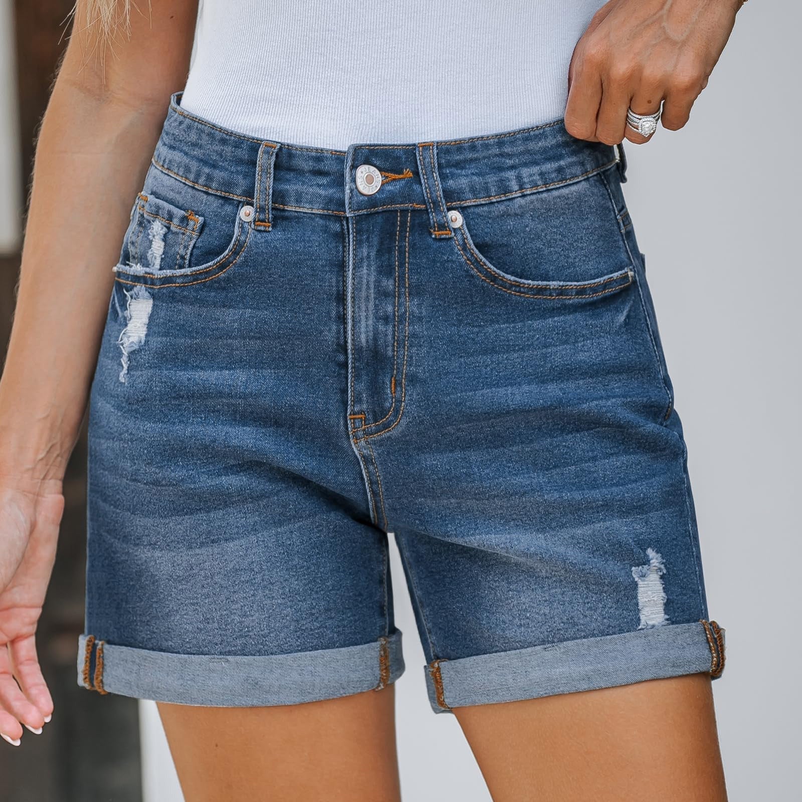 Damen Destroyed Denim-Shorts mit hohem Bund und ausgefranstem Saum GR