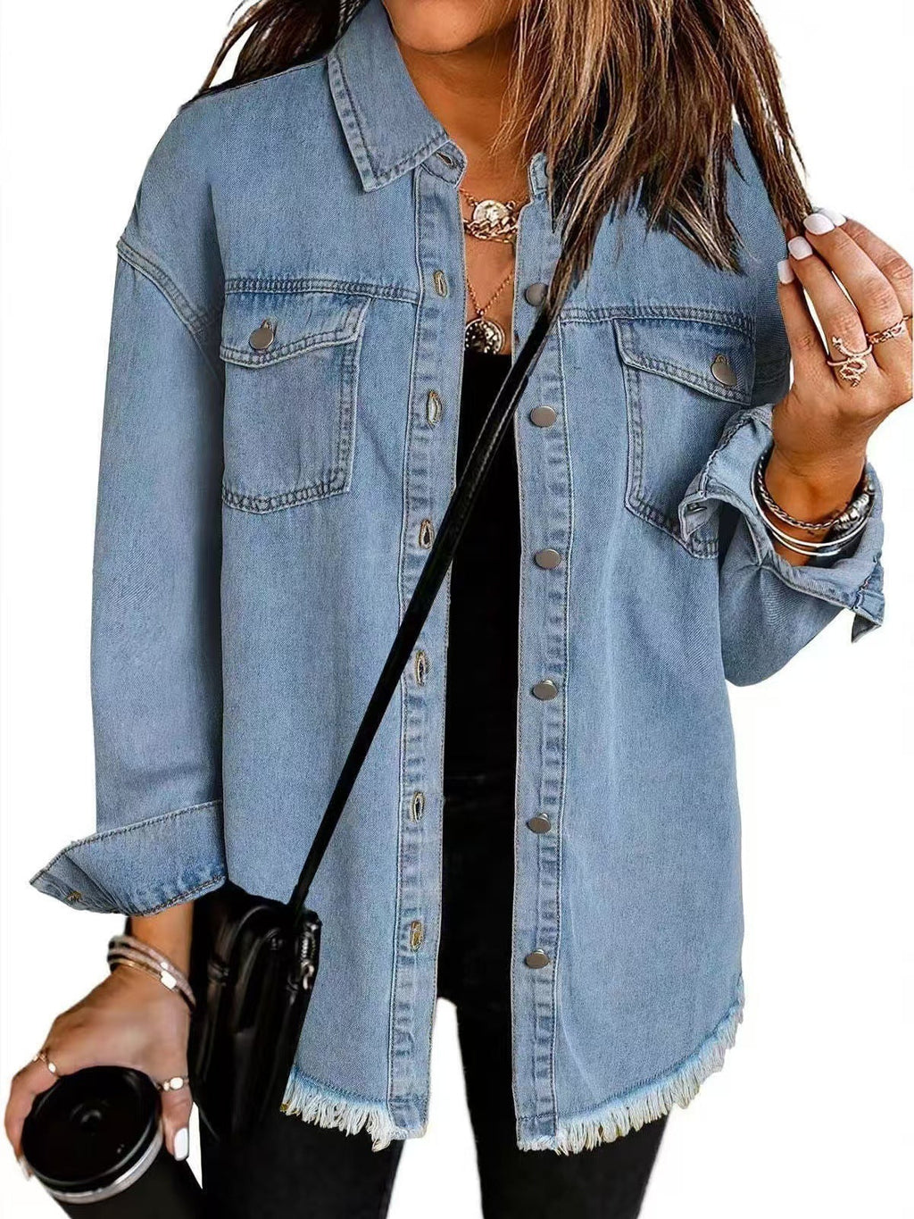 Women's Oversized Denim Shirt with Fringes, Size