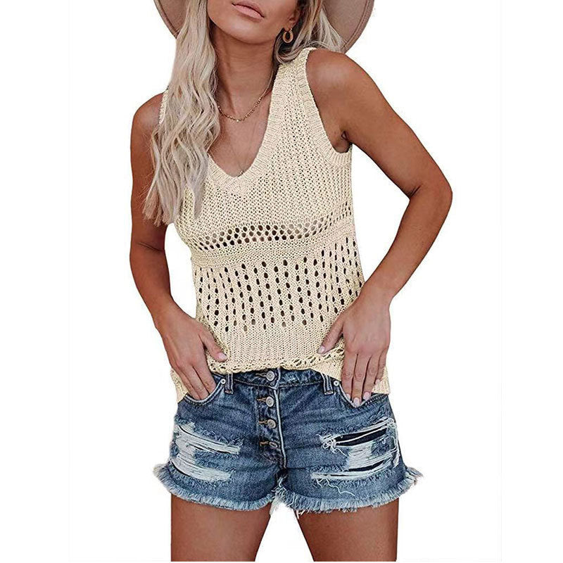 Damen luftiges Stricktop mit V-Ausschnitt und feinen Lochmustern GR