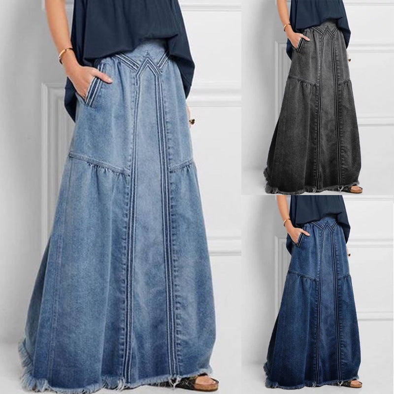 GR | Damenweite Schößchen Genähte Denim Maxirock