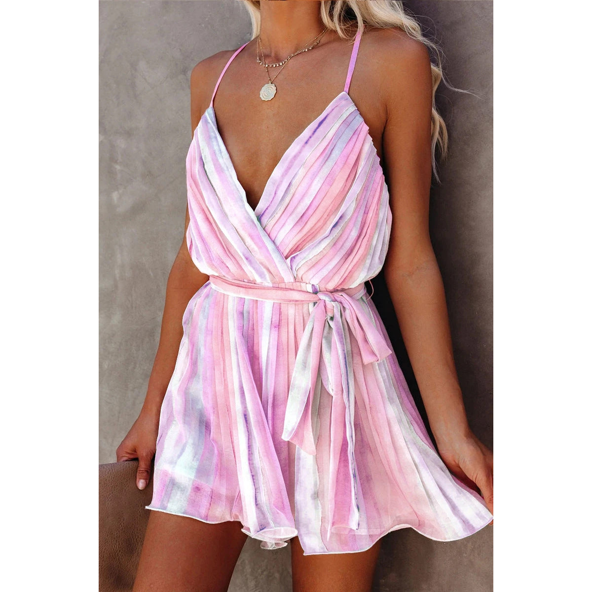 GR | Spring Summer Strappy Pleated Chiffon Dress Home Lace-up Sexy V-Neck Chiffon Dress