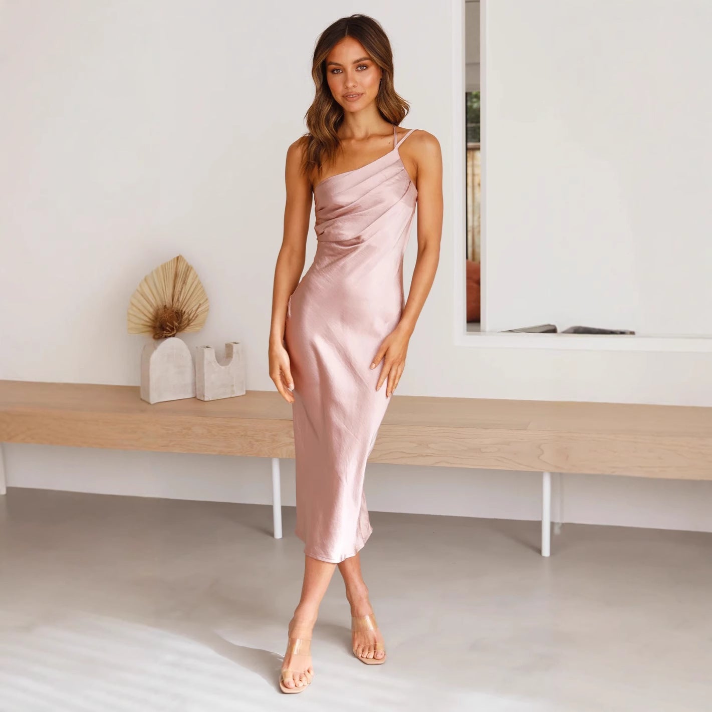 Women's elegant and flowing evening dress with asymmetrical neckline, size S