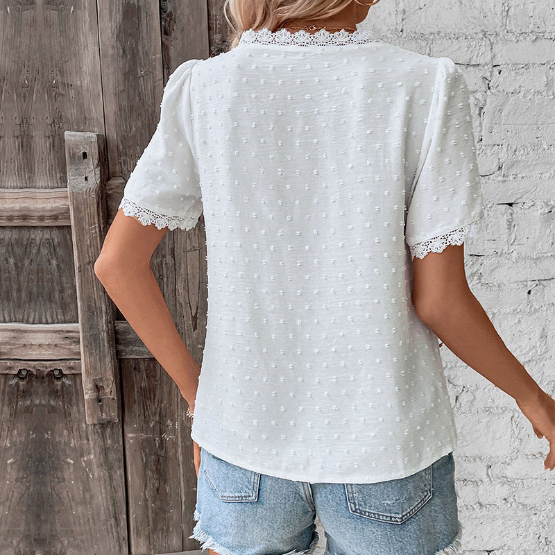 Damen Kurzarmbluse mit Spitzenbesatz und strukturiertem Design GR