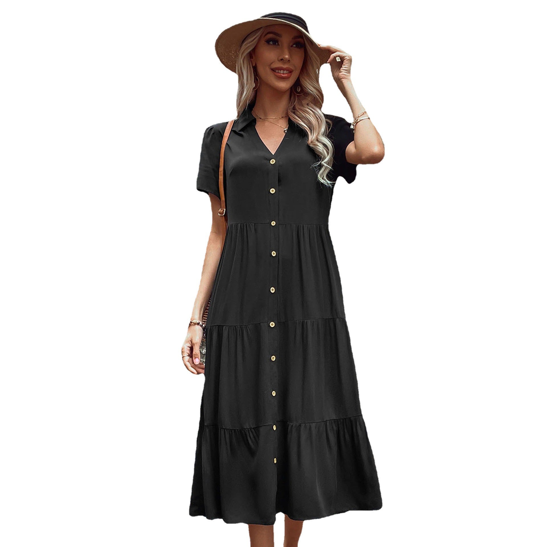 Damen Hemdblusenkleid mit eleganten Knopfdetails und voluminösem Rock GR