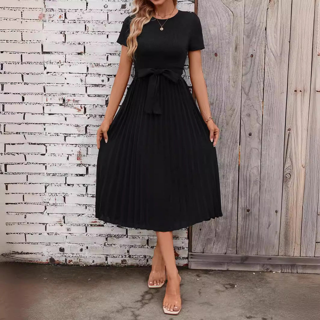GR | Lässiges Fließendes Kurzarm-Gürtel-Midikleid