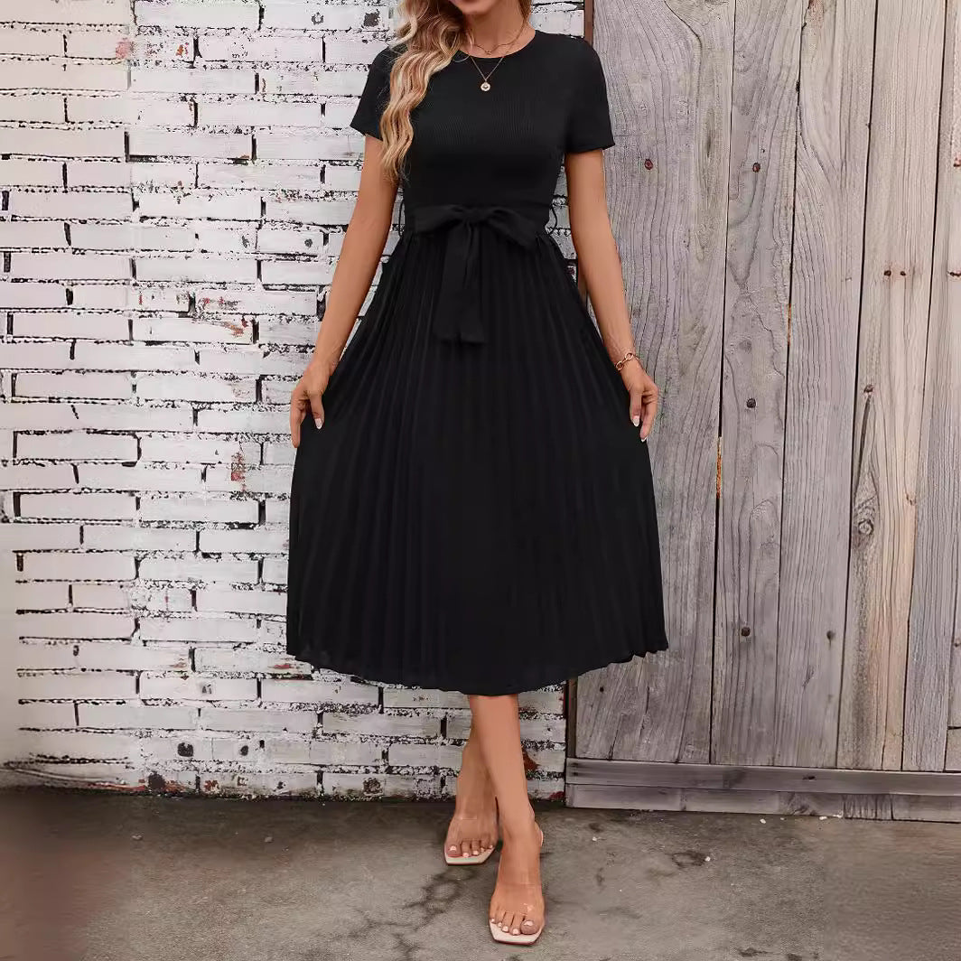 GR | Lässiges Fließendes Kurzarm-Gürtel-Midikleid
