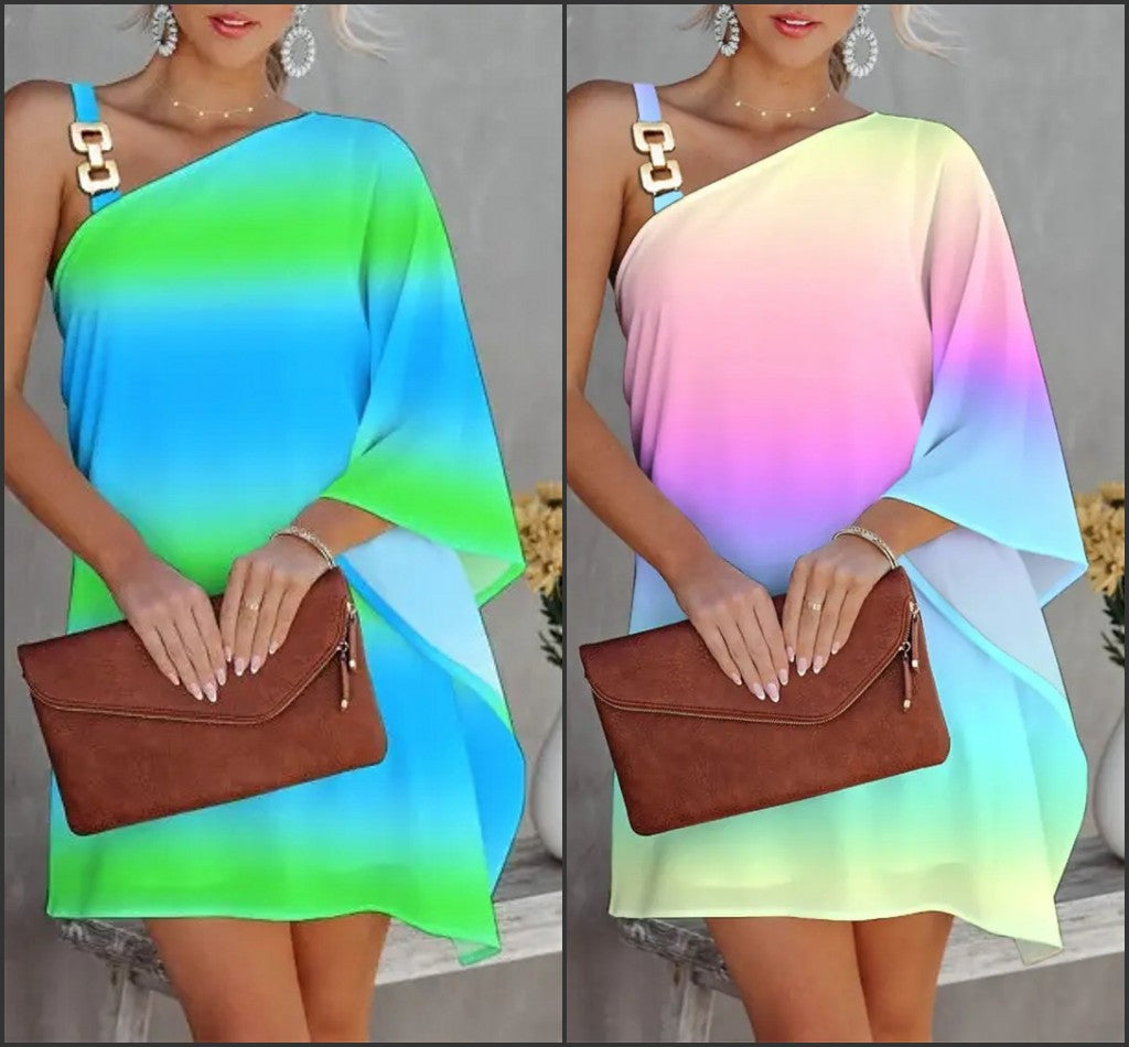 Women's casual dress with asymmetrical cut and shimmering details, size