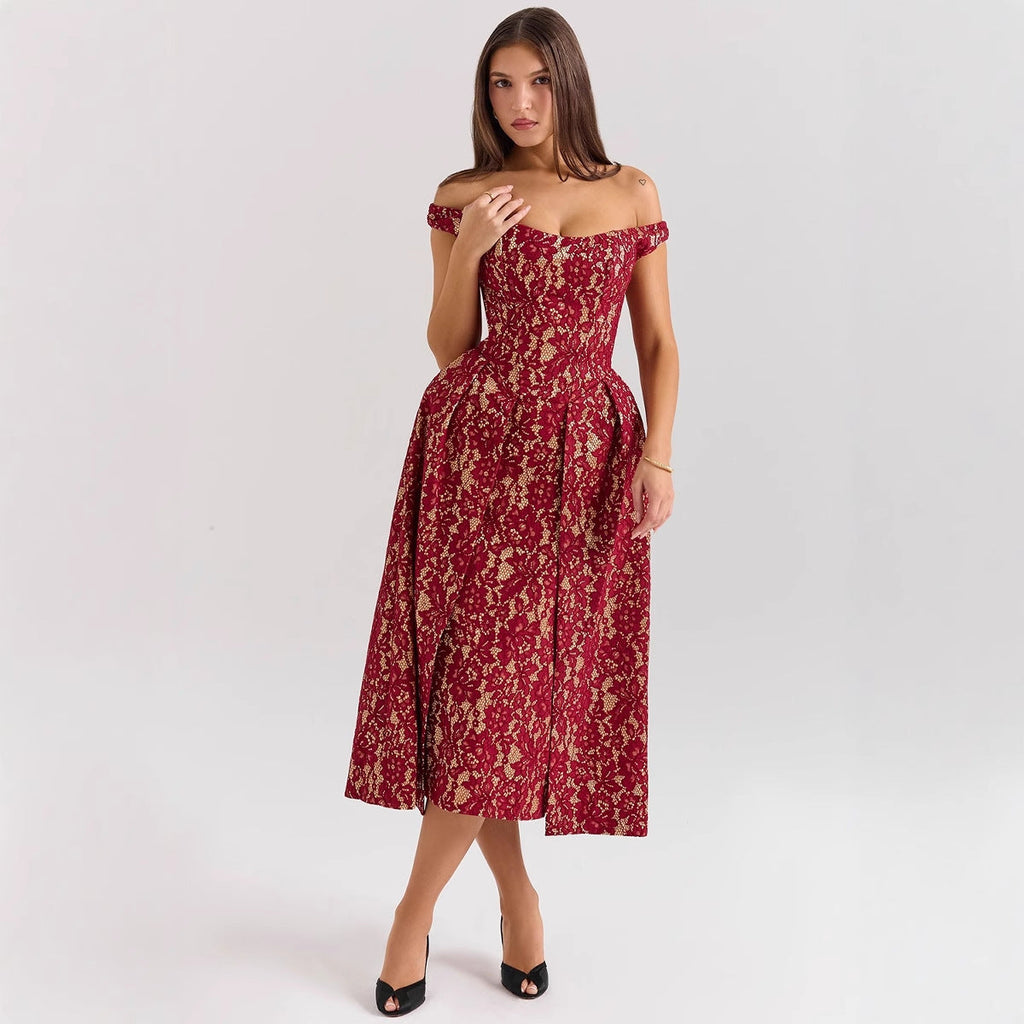 Damen Abendkleid mit schulterfreiem Design und exquisite Spitze GR
