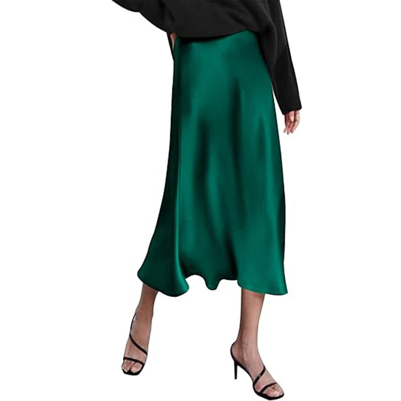 Women's elegant midi skirt in satin viscose with a flowing drape, size GR