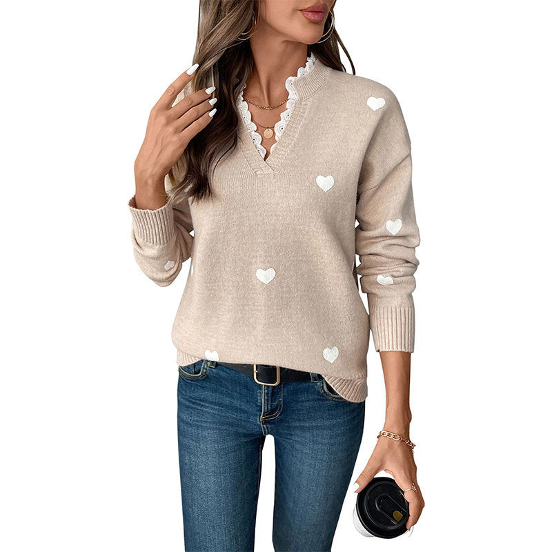 Damen Pullover mit herzförmigen Applikationen und luxuriösem Spitzenkragen GR