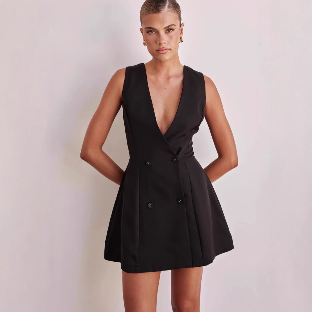 Damen Blusenkleid mit tiefem V-Ausschnitt und doppelter Knopfleiste GR