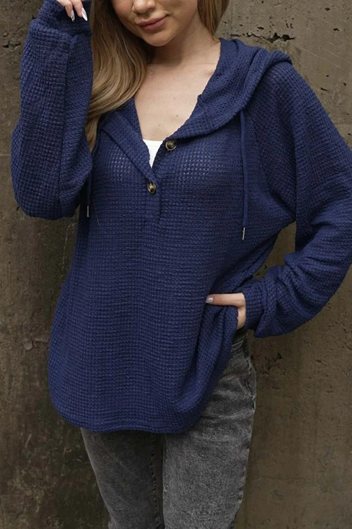 GR | Einfarbiger Knopf Zugband Lockere Lange Ärmel Hoodie