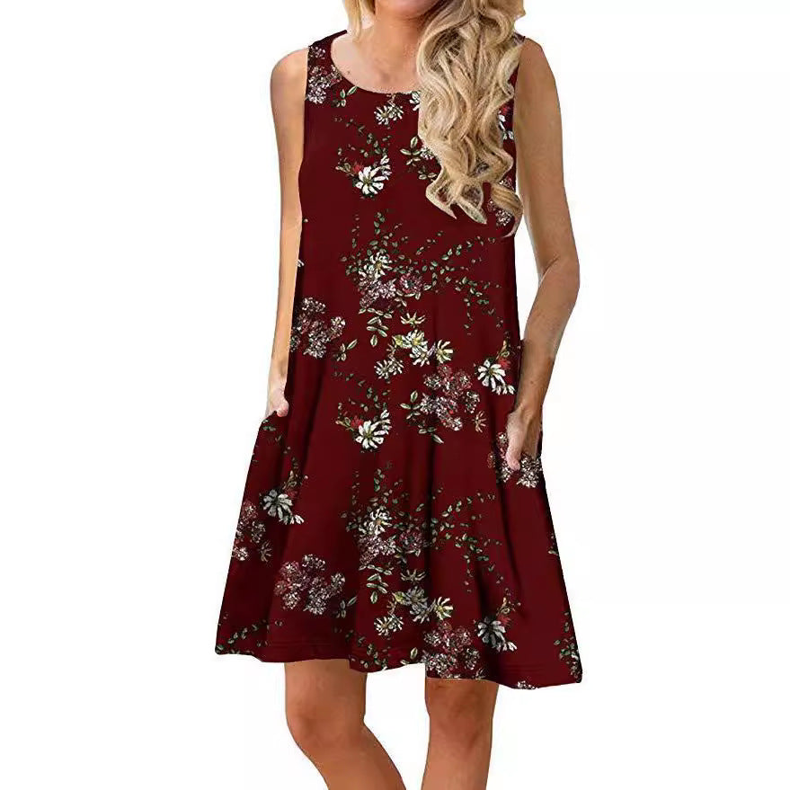 Women's sleeveless floral mini dress with practical side pockets, size