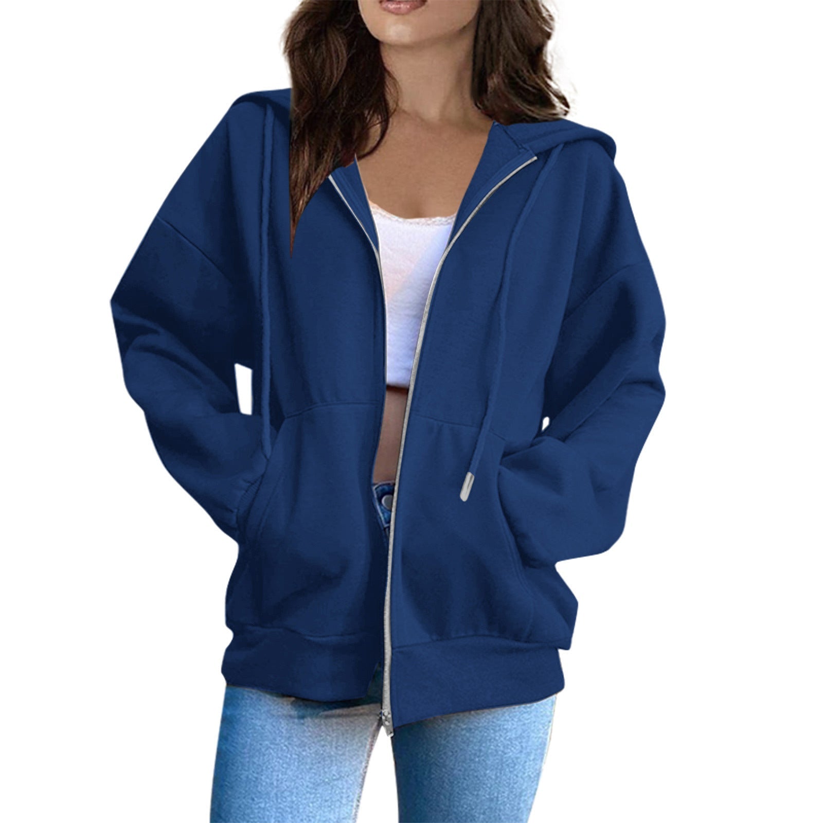 GR Zip-up Oversized Solid Pocket Hooded Long Sleeve Loose Baseball Jacket