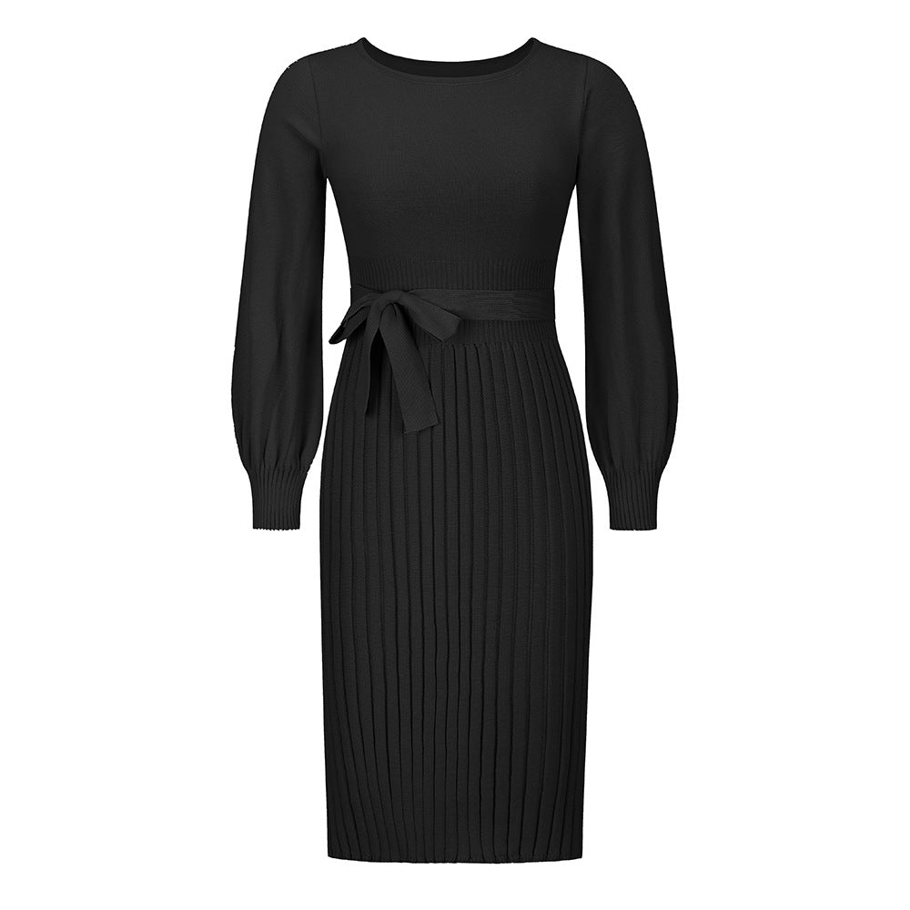 Damen Strickkleid mit taillierbarem Gürtel und langen Ärmeln GR
