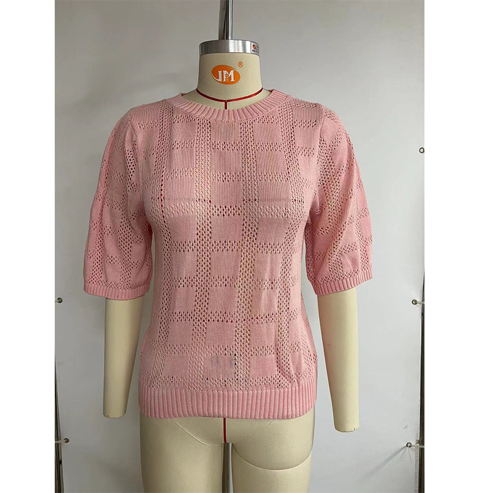 Women's airy knit top with a loose fit and modern openwork pattern, size
