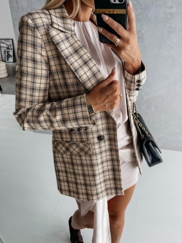 Women's stylish blazer jacket with double button placket and elegant silver details, size [size missing]