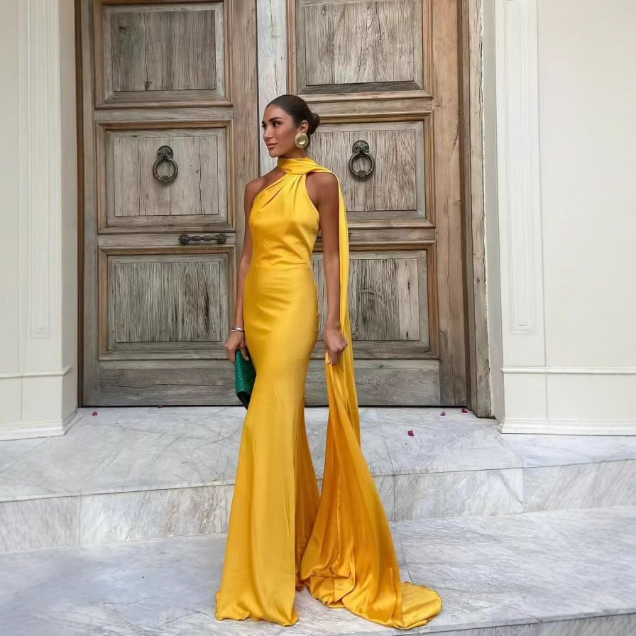 Women's elegant evening dress with a one-sided cape and sophisticated draping, size GR