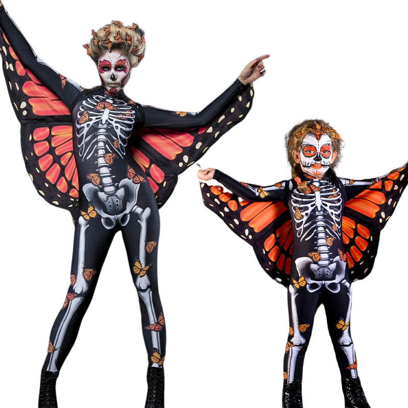 Women's bodysuit with skeleton pattern and butterfly wings, size