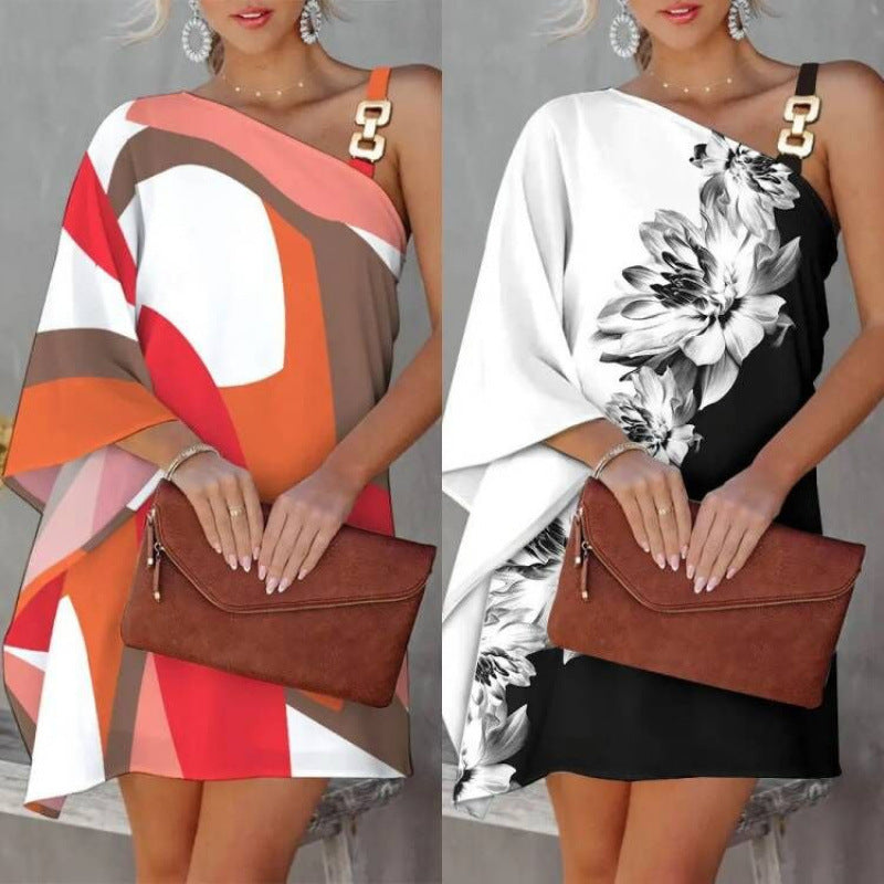Damen asymmetrisches Floral-Kleid mit einem Schulterträger und stilvollem Design GR