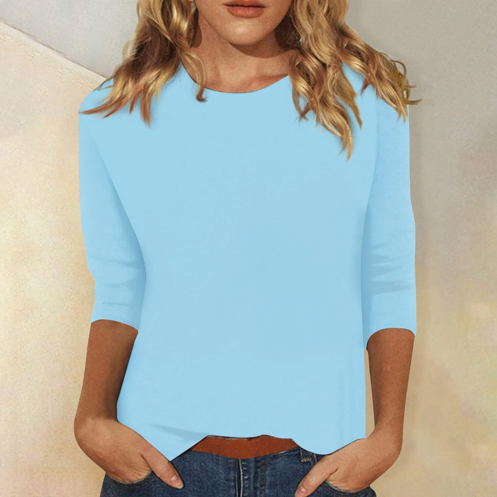 Women's casual top with elegant 3/4 sleeves and curved hem, size S
