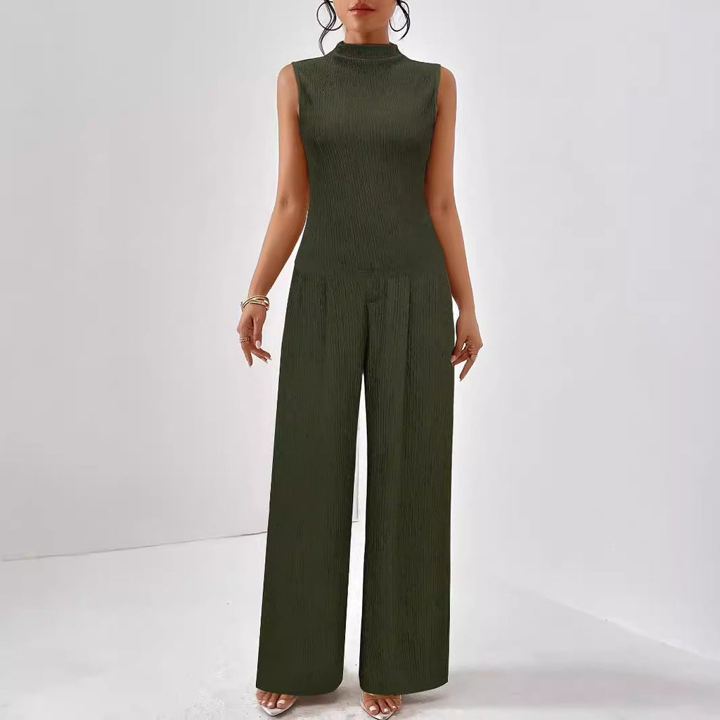 Women's elegant jumpsuit with ribbed texture and high collar, size