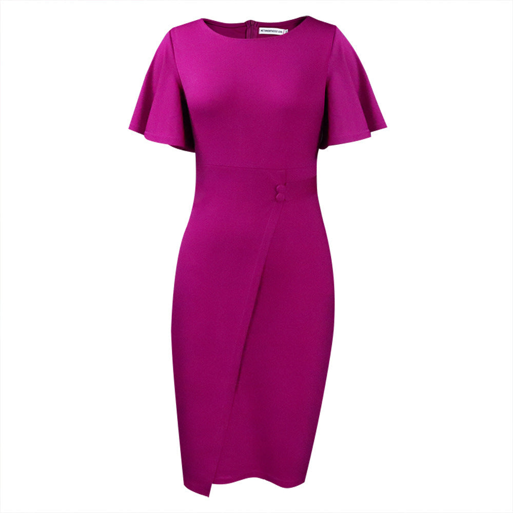 GR | Damen Figurbetont Wickelstil Midi Kleid mit Kurzen Ärmeln