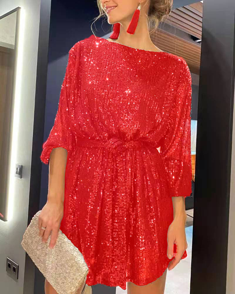 GR | Urlaubsfestmode Pailletten Taillengürtel Kleid