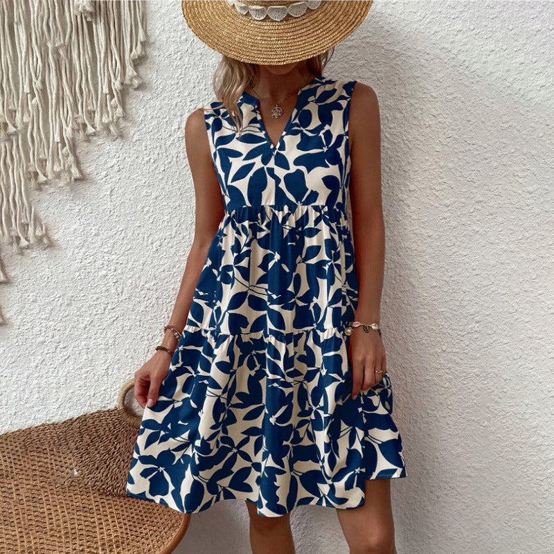 Damen luftiges ärmelloses Sommerkleid mit floralen Mustern und weitem Schnitt GR