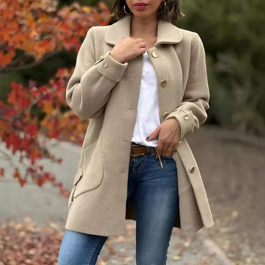 Women's comfortable oversized coat with large pockets and button details, size S
