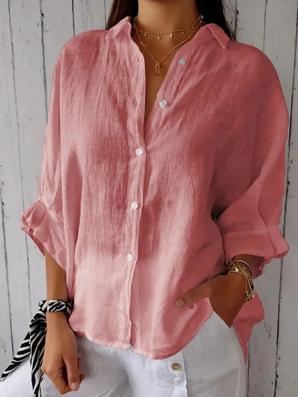 Damen lässige Bluse aus Leinen mit Knopfleiste und seitlichen Taschen GR