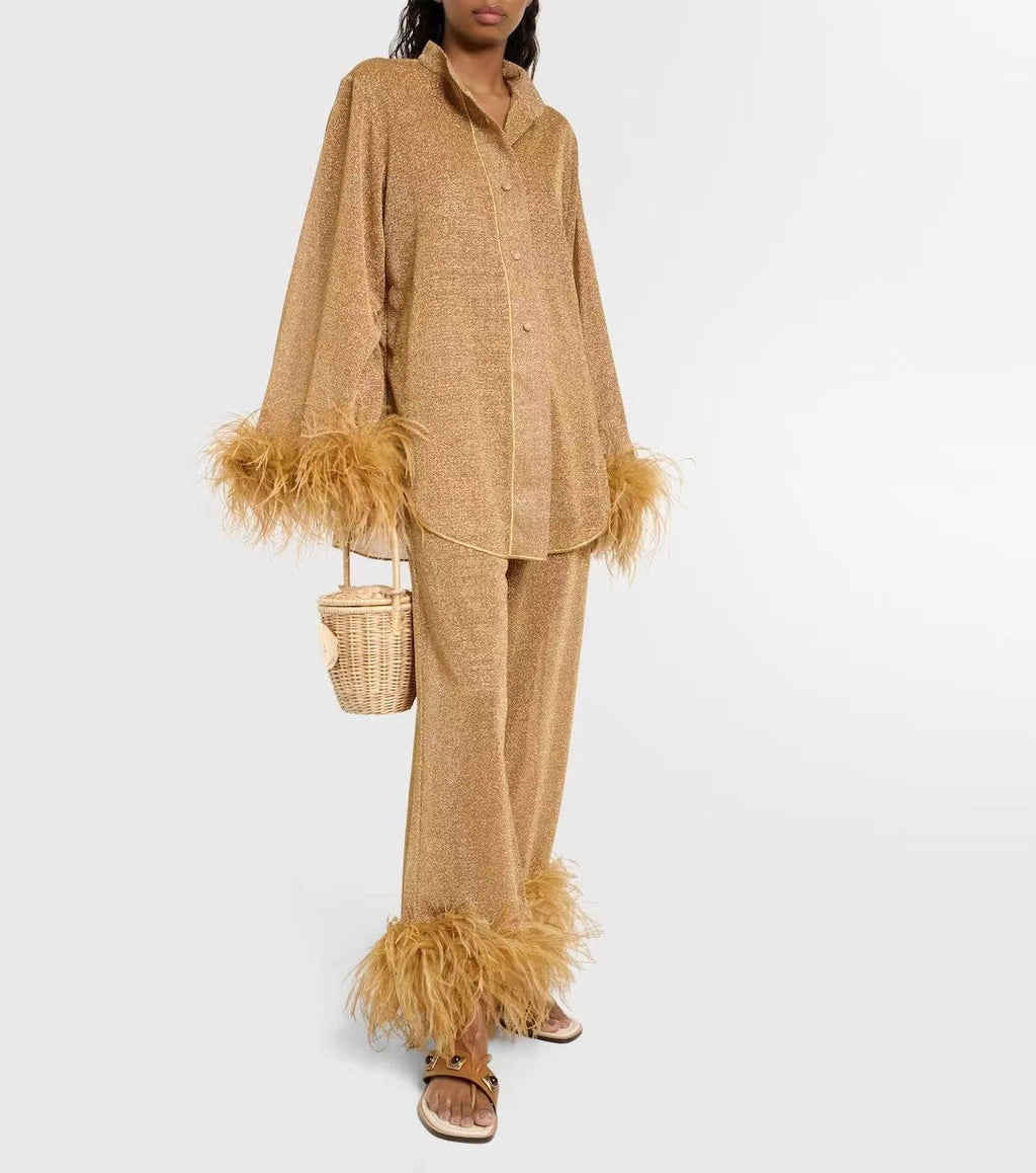 GR | Autumn Winter Feather Stand-up Collar Long Sleeve Top and Trousers Set 