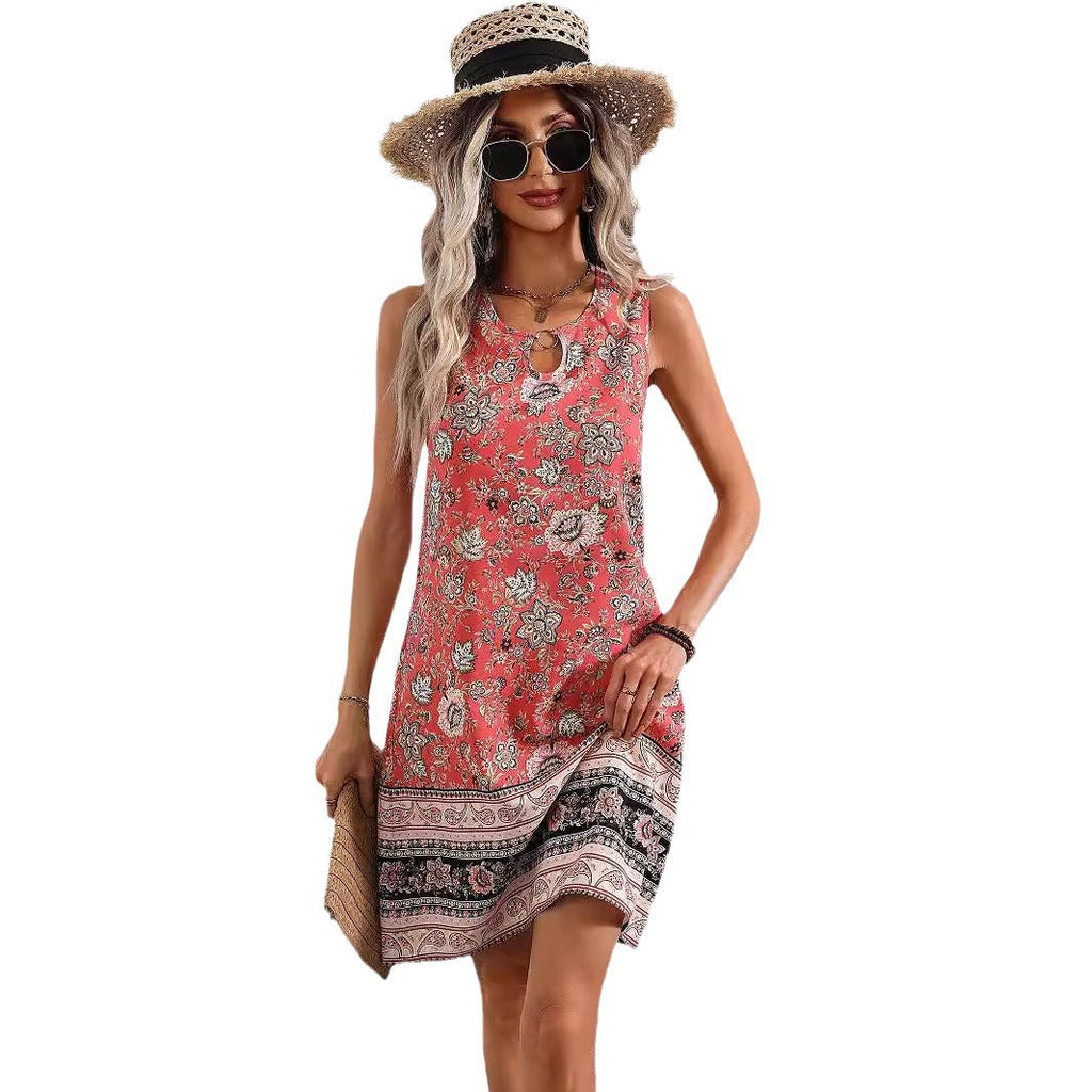 Damen ärmelloses Sommerkleid mit modischem Schlüssel-Ausschnitt und floralem Muster GR