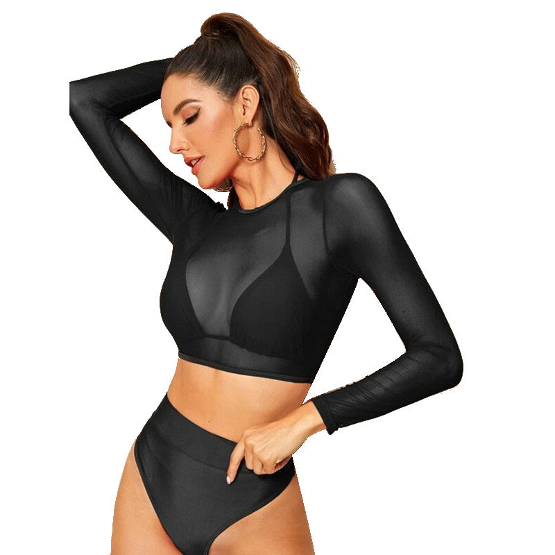 Women's sports bikini set with long-sleeved top and high waist, size