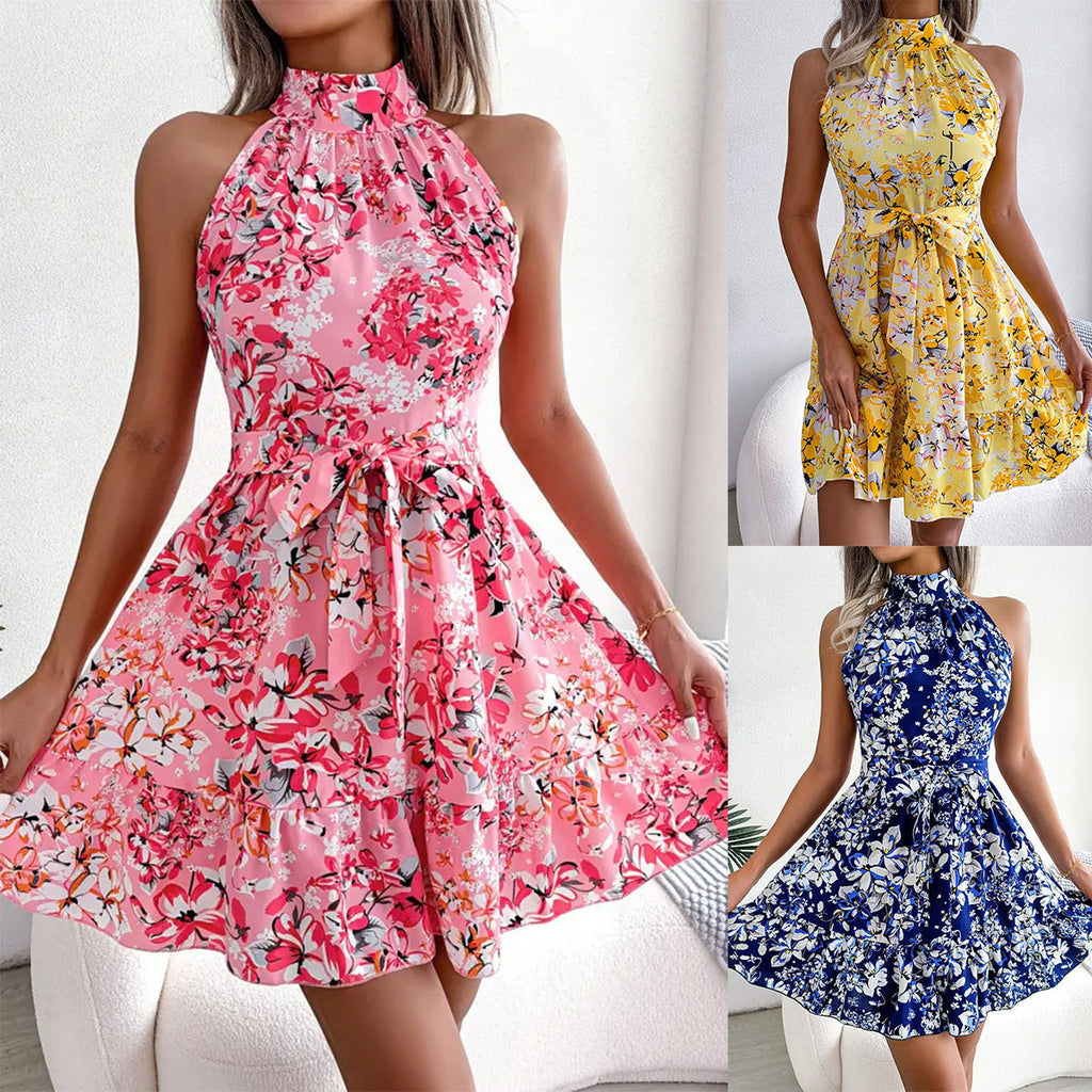 Women's summer mini dress with elegant neckline and floral details, size