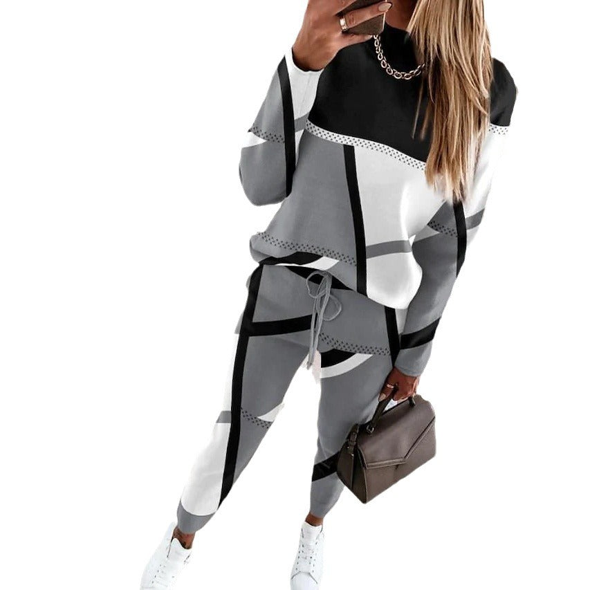 Damen modisches Sportset mit grafischem Muster und elastischem Bund GR