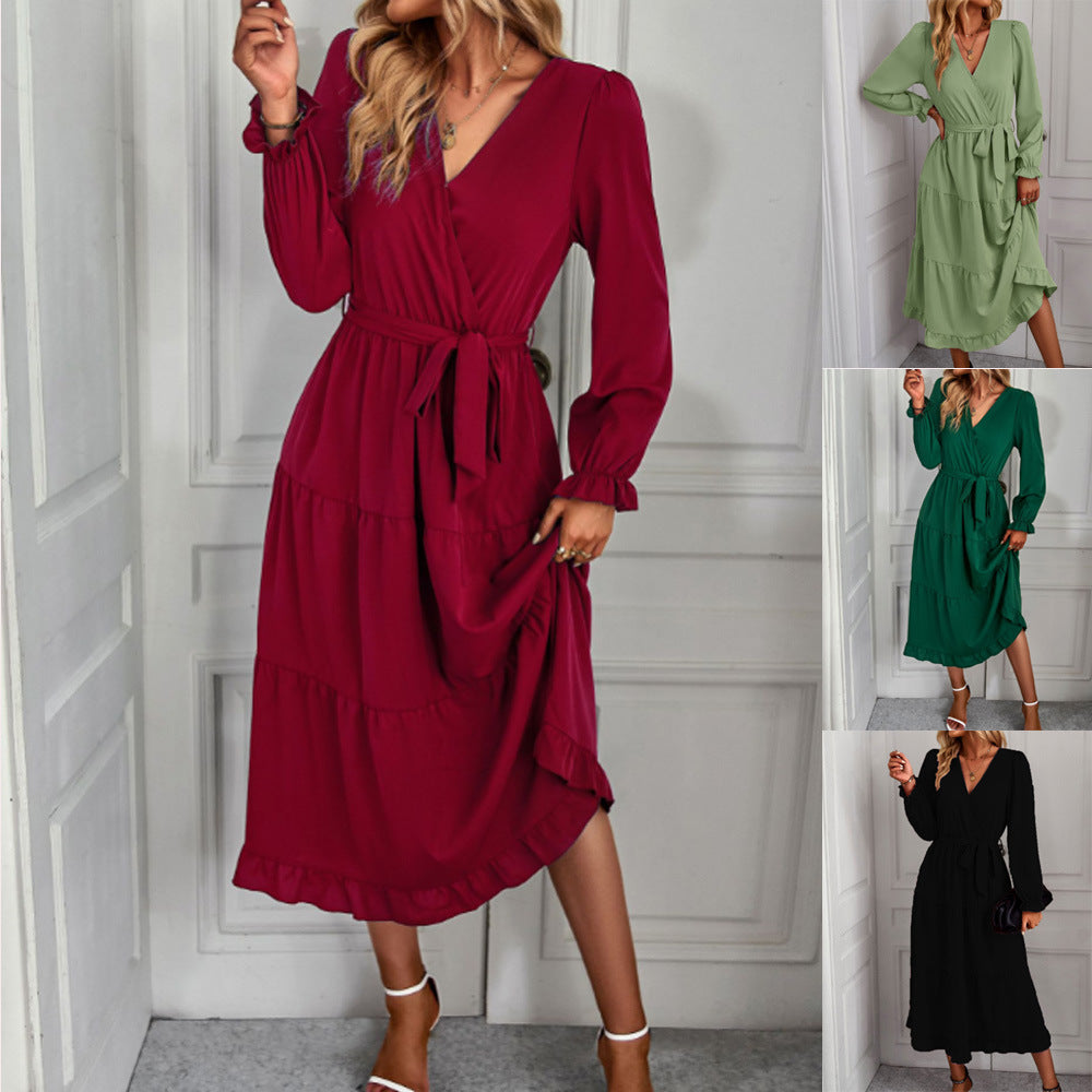 Women's wrap dress with ruffles and waist belt, size