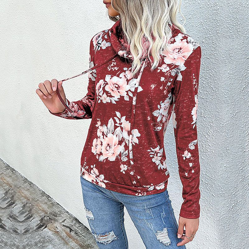 Damen Kapuzenpullover mit floralem Muster und modernem Rollkragen GR