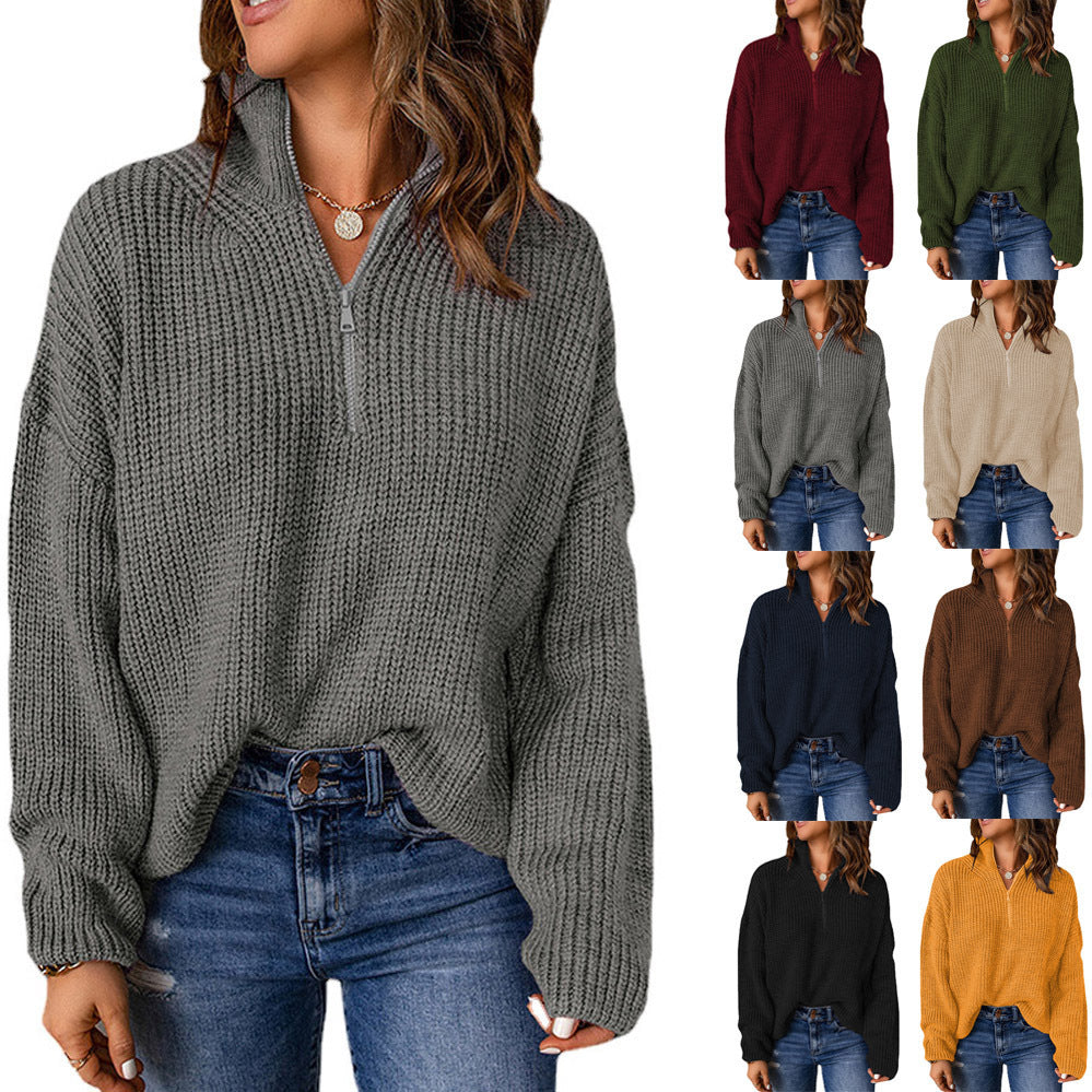 Damen Grober Strickpullover mit Stehkragen und Reißverschluss GR