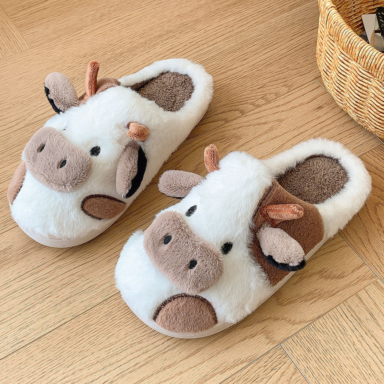 GR | Plush Slippers with Animal Cow Design for Women