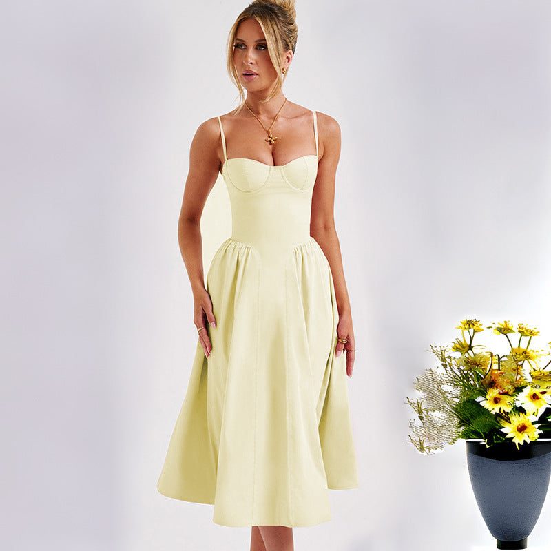 Women's midi dress with elegant bustier top and flowing skirt, size GR