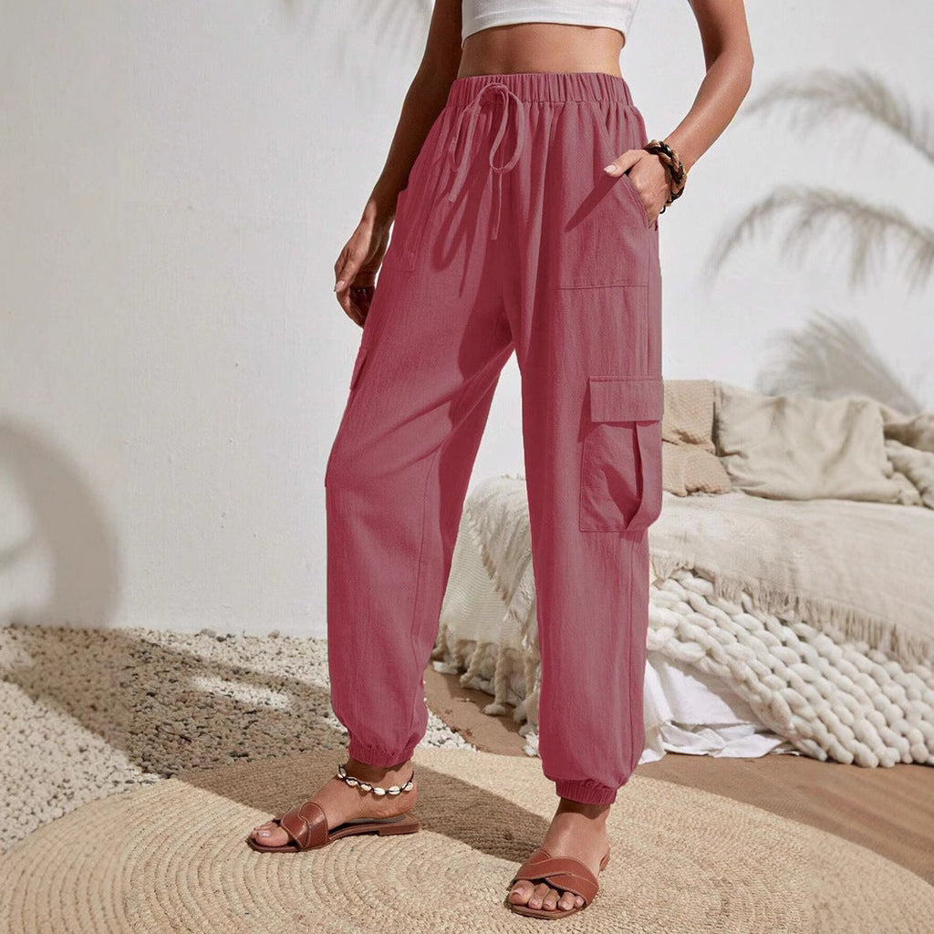 Women's cargo trousers with elasticated waistband and practical side pockets, size S